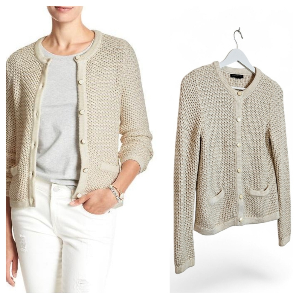 Banana Republic Cardigan S Metallic Mesh Knit Pockets Quiet Luxury Cream Ivory